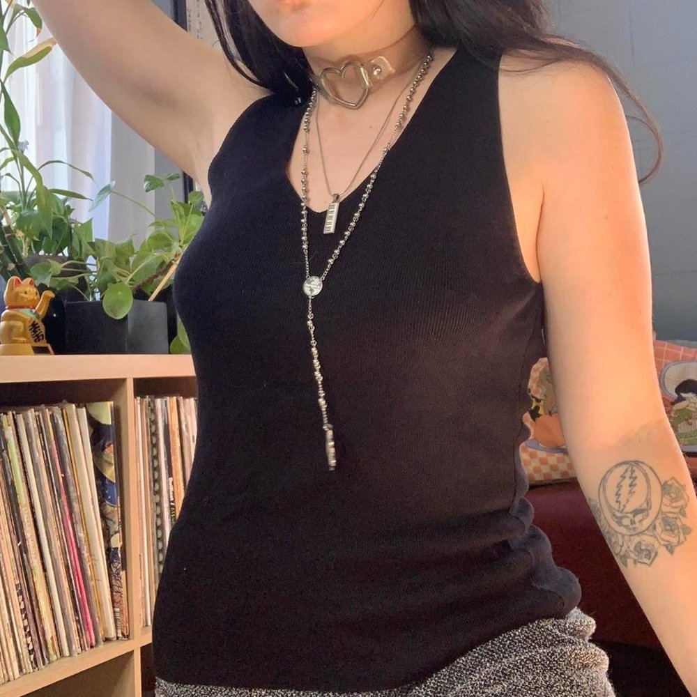 Minimalist Black Ribbed Silk V Neck Tank Top